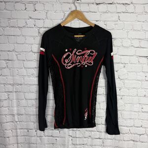 Sinful by Affliction Black Red Long Sleeve Angel T Shirt Size M